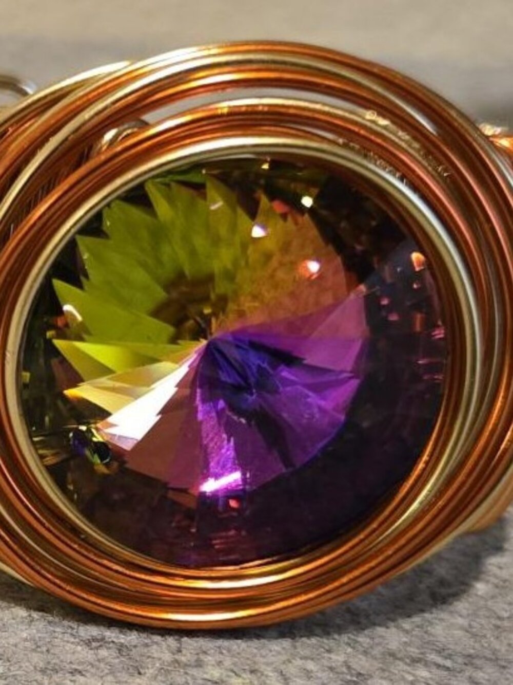 Handmade Wire Wrapped Cuff Bracelet Large Iridescent Crystal Focal.